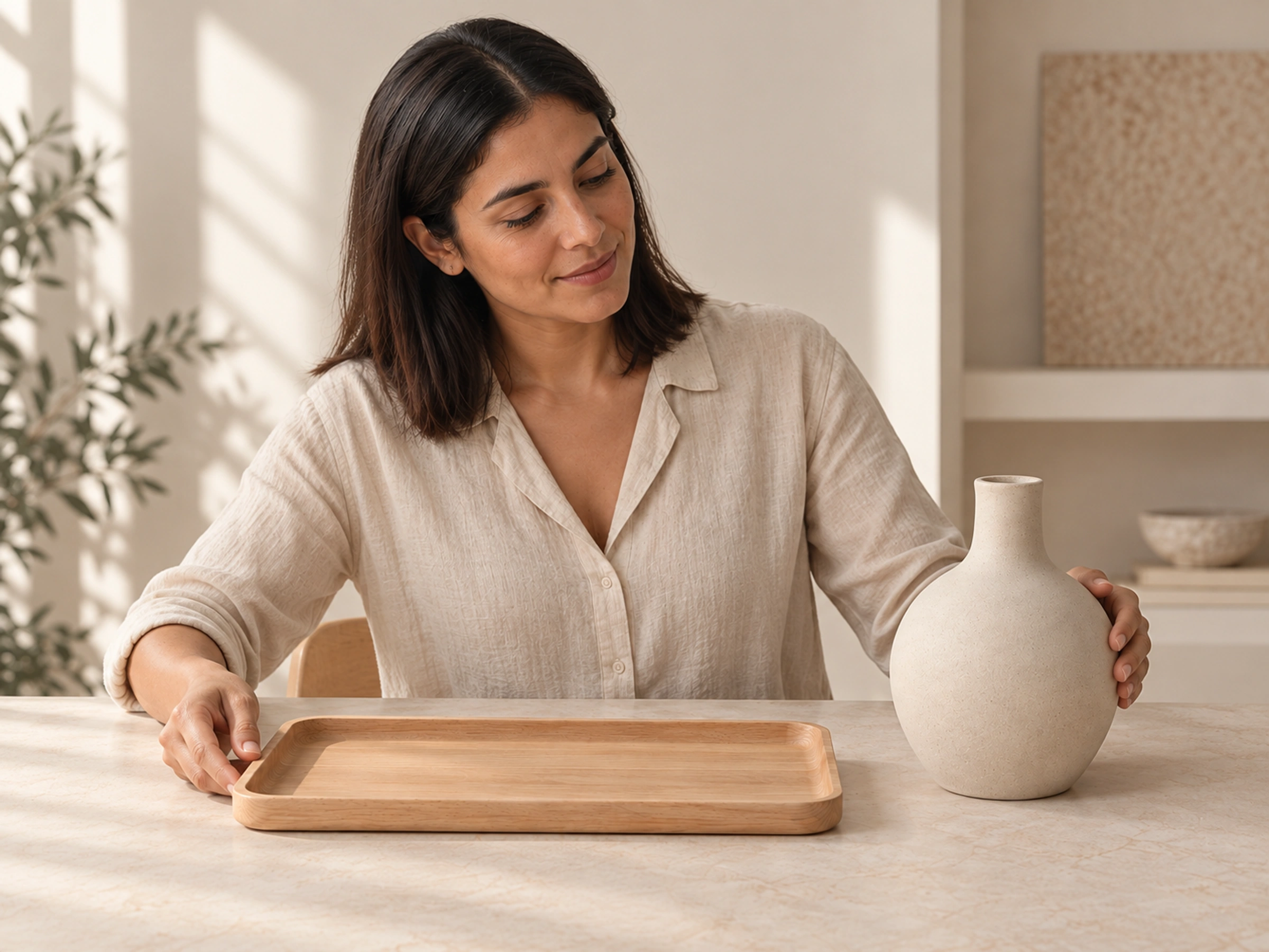 Objetos de madera y cerámica sobre una mesa