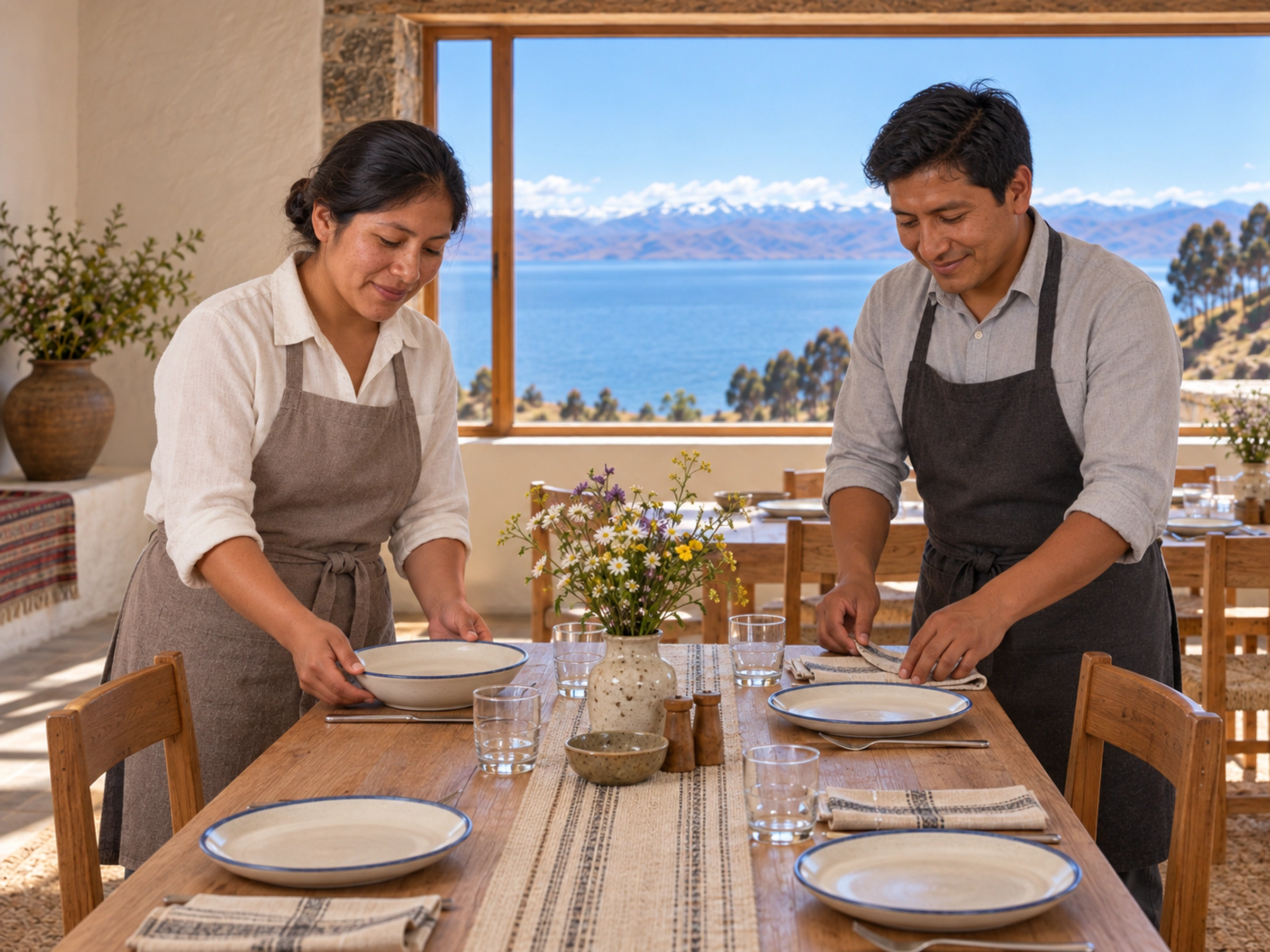 A laid table beside a window facing the lake