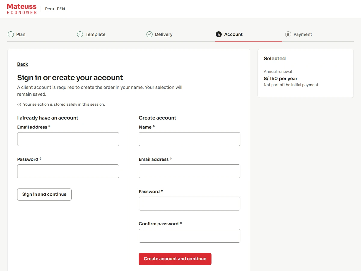 Reference image of the contracting form, Account step
